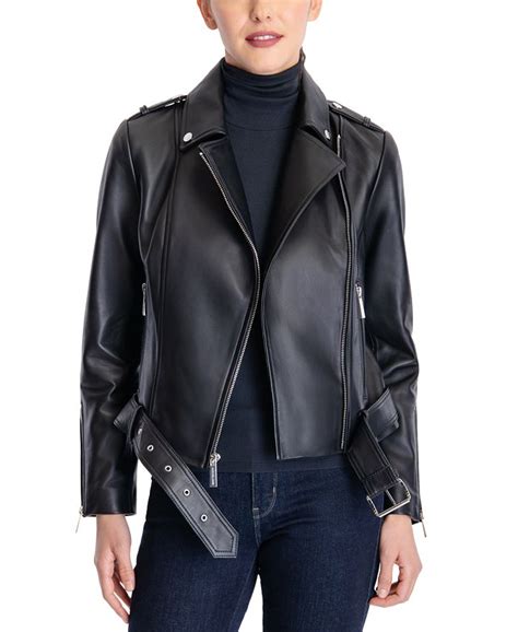 MICHAEL Michael Kors Womens Moto Leather Jacket with Belt, 